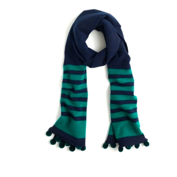 J CREW STRIPED SCARF WITH POM-POMS NWT Navy Blue Green HOLIDAY - Picture 1 of 9